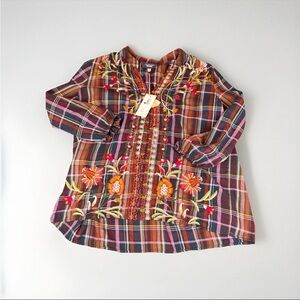 Johnny Was Rosalva Paris 100% Cotton Embroid Effortless Plaid Blouse Size M NWT